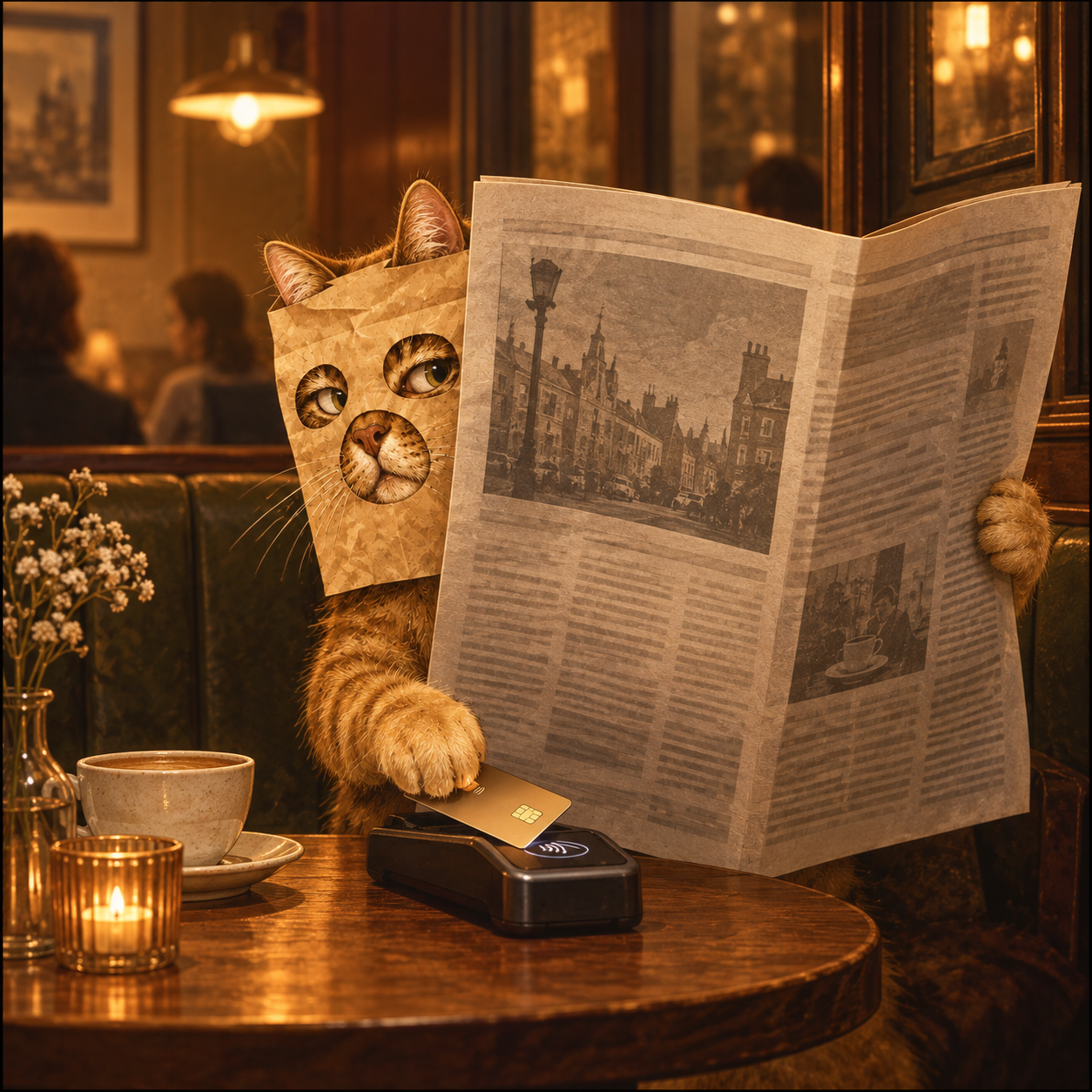 Paper-bag cat reading a newspaper and paying by card in a café