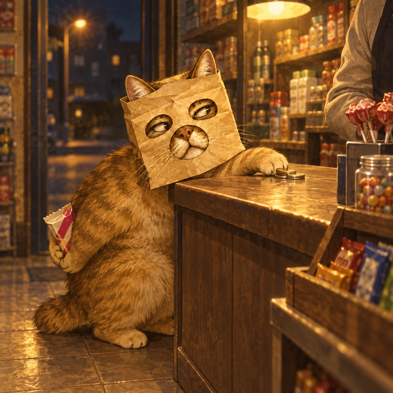 Paper-bag cat paying with coins at a corner shop